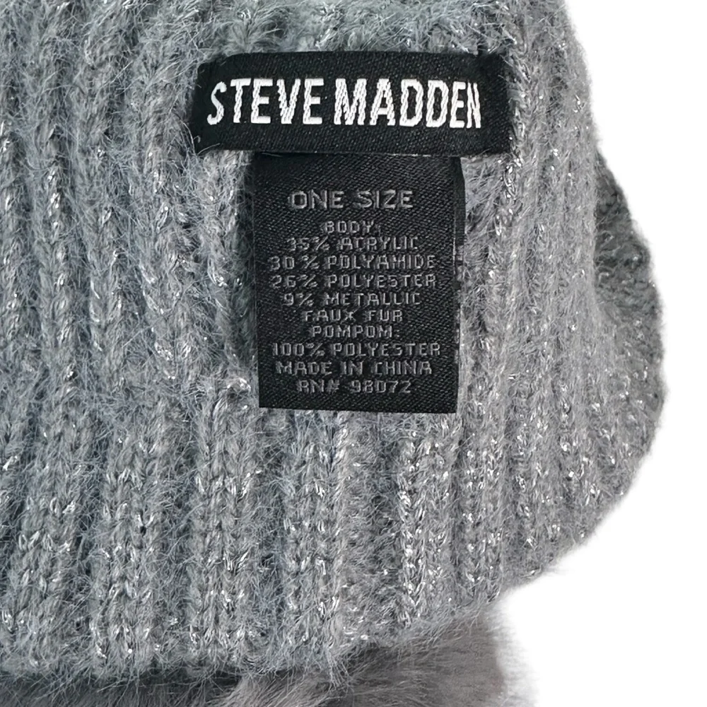 Steve Madden Women's Eldridge Sparkle Rib Knit Faux Fur Pom Beanie New!